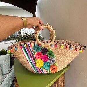 Handcrafted Straw Tote with Multicolor Floral Accents